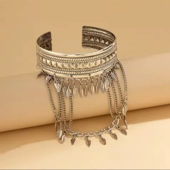 Bohemian Silver Leaf Tassel Chain Arm Cuff Bracelet ✨ - Picture 2 of 7